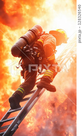 Firefighter climbs ladder to rescue individual from intense blaze in city 128326540