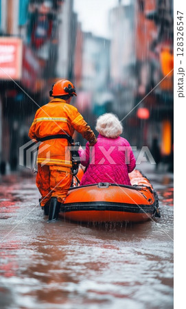 Rescue worker assists elderly woman during severe flooding in urban area Rescue worker assists elderly woman during severe flooding in urban area 128326547