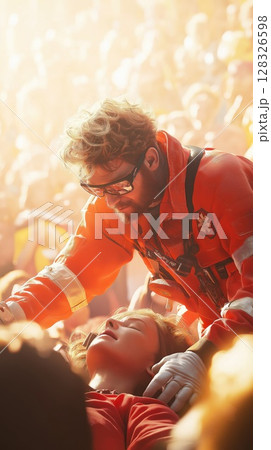 Paramedic performing CPR on a woman in a crowded outdoor setting during an emergency 128326598