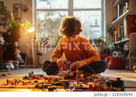 Young boy focuses on assembling a small robot with DIY materials in a cozy living room 128326640