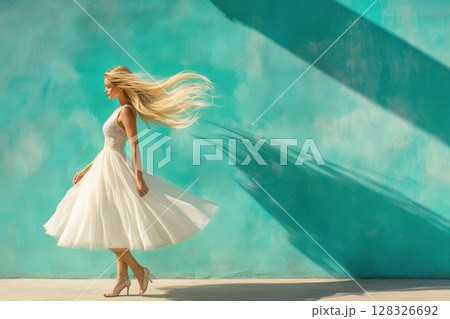 Young woman with flowing blond hair dances gracefully against a pale blue background 128326692