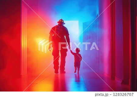 Firefighter carries child to safety from smoky hallway during emergency rescue operation 128326707