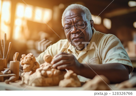 Skilled artisan carves intricate details in wood during golden hour 128326766
