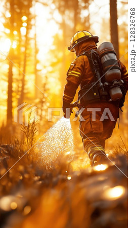 Firefighter in full gear sprays water to combat forest fire during golden hour 128326768