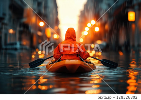 Rescue worker navigating flooded streets in a small boat during heavy rain 128326802