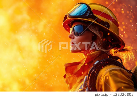Female firefighter demonstrating bravery and focus while battling a large fire 128326803