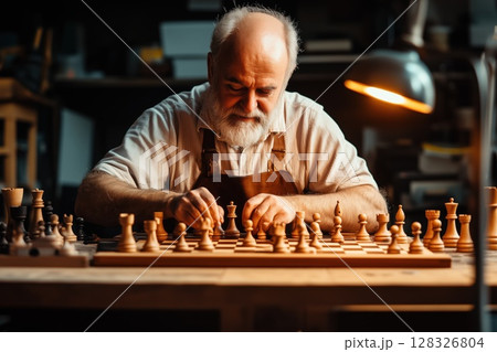 Man carving a wooden chess set in a workshop during evening hours 128326804