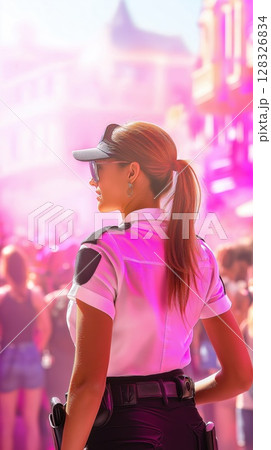 Woman police officer assists crowd during event for public safety in lively atmosphere 128326834
