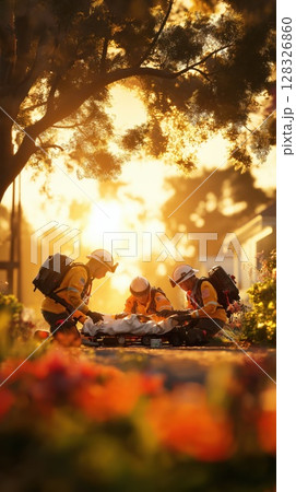 Paramedics work together during sunset to assist an injured individual in a community setting 128326860