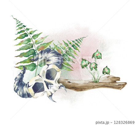 Watercolor forest composition with an invented horned skull, a fallen tree, toadstools and fern leaves on a background of a blurred watercolor spot. Watercolor illustration for fairy tales, forest Watercolor forest composition with an invented horned skull, a fallen tree, toadstools and fern leaves on a background of a blurred watercolor spot. Watercolor illustration for fairy tales, forest 128326869