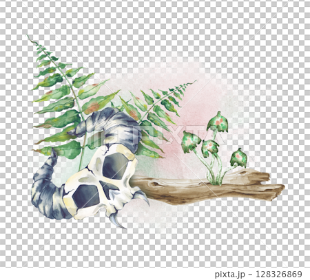 Watercolor forest composition with an invented horned skull, a fallen tree, toadstools and fern leaves on a background of a blurred watercolor spot. Watercolor illustration for fairy tales, forest Watercolor forest composition with an invented horned skull, a fallen tree, toadstools and fern leaves on a background of a blurred watercolor spot. Watercolor illustration for fairy tales, forest 128326869