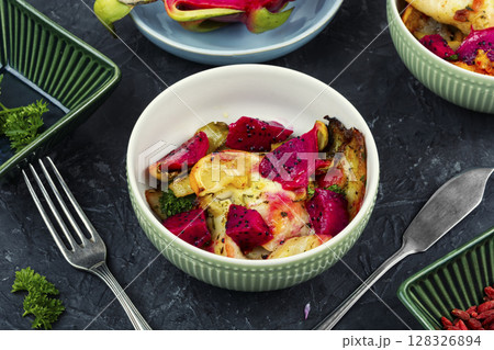 Cooked Cod Fillet, Seafood Dish. 128326894