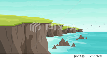 Scenic Sea View with Coastal Cliffs Flat Vector Landscape. 128326916