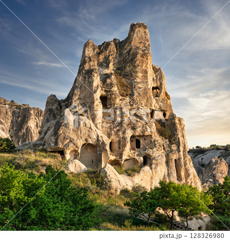 Ancient Rock-Cut Dwellings and Churches in Goreme Valley Open Air Museum, Cappadocia, Turkey 128326980