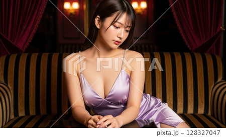 キャバ嬢がテーブル越しに視線を落とす キャバ嬢がテーブル越しに視線を落とす 128327047