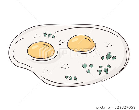 Fried eggs with herbs and peas isolated on white. Protein breakfast. Fresh chicken egg; healthy eating or farm freshness concept. Bright and clean design, minimal vector illustration.  128327058