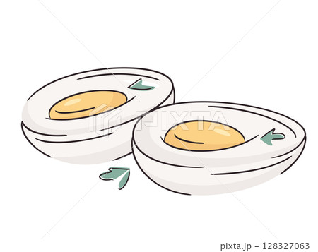 Boiled eggs cut in half with herbs. Fresh chicken egg; healthy eating or farm freshness concept, protein breakfast. Bright and clean design, minimal vector illustration.  128327063