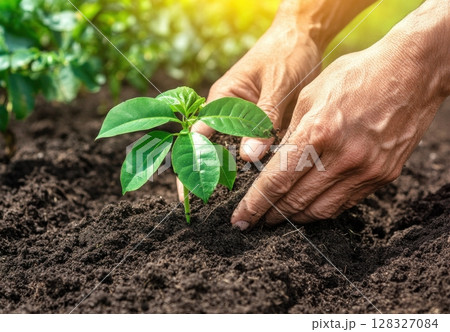 Hands gently care for a young plant growing in dark, fertile soil, representing sustainability and eco-friendly practices in nature. Hands gently care for a young plant growing in dark, fertile soil, representing sustainability and eco-friendly practices in nature. 128327084
