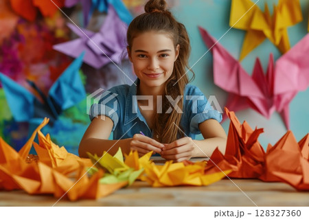 Young woman forms colorful origami cranes in a creative workspace filled with paper creations 128327360