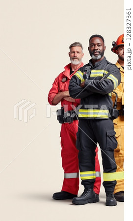 Diverse team of first responders poses confidently for community awareness campaign 128327361