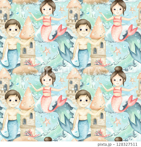 Mermaids girl boy seamless pattern. Waves, underwater castle, seascape background. Watercolor isolated children's illustration, sea concept for baby products, interior decor, decorations, packaging Mermaids girl boy seamless pattern. Waves, underwater castle, seascape background. Watercolor isolated children's illustration, sea concept for baby products, interior decor, decorations, packaging 128327511