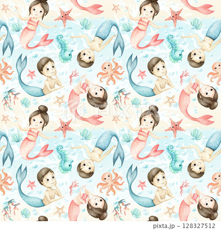 Mermaids girl boy seamless pattern with sea animals children's illustration. Watercolor seahorse, starfish, octopus characters, plants, stars isolated on seascape background for textile, packaging Mermaids girl boy seamless pattern with sea animals children's illustration. Watercolor seahorse, starfish, octopus characters, plants, stars isolated on seascape background for textile, packaging 128327512