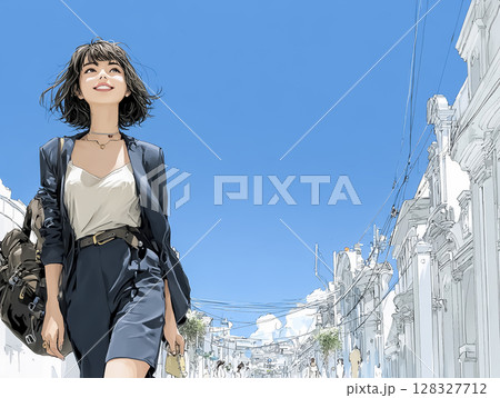 笑顔で街中を歩くビジネスウーマンのイラスト素材 128327712