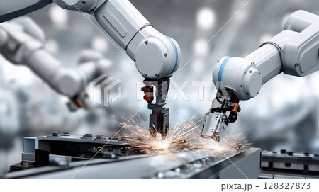Industrial robots welding metal components in a manufacturing facility 128327873