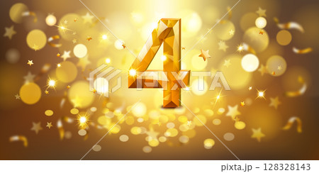 Sparkling golden number 4 surrounded by stars and bokeh lights. Sparkling golden number 4 surrounded by stars and bokeh lights. 128328143