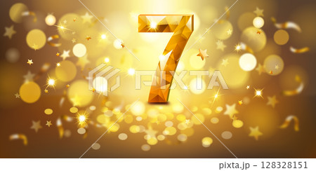 Sparkling golden number 7 surrounded by stars and bokeh lights. Sparkling golden number 7 surrounded by stars and bokeh lights. 128328151