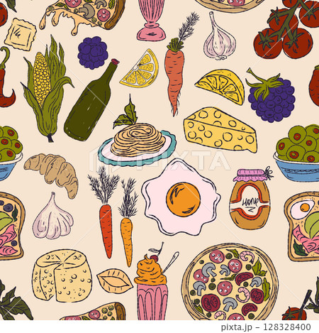 The Dolce Vita collection is a whimsical seamless pattern with vibrant color accents, inspired by the Mediterranean lifestyle. Hand-drawn sketch style The Dolce Vita collection is a whimsical seamless pattern with vibrant color accents, inspired by the Mediterranean lifestyle. Hand-drawn sketch style 128328400