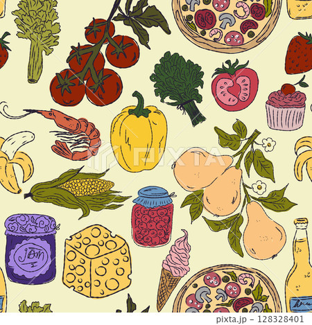 The Dolce Vita collection is a whimsical seamless pattern with vibrant color accents, inspired by the Mediterranean lifestyle. Hand-drawn sketch style The Dolce Vita collection is a whimsical seamless pattern with vibrant color accents, inspired by the Mediterranean lifestyle. Hand-drawn sketch style 128328401