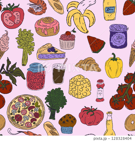 The Dolce Vita collection is a whimsical seamless pattern with vibrant color accents, inspired by the Mediterranean lifestyle. Hand-drawn sketch style 128328404