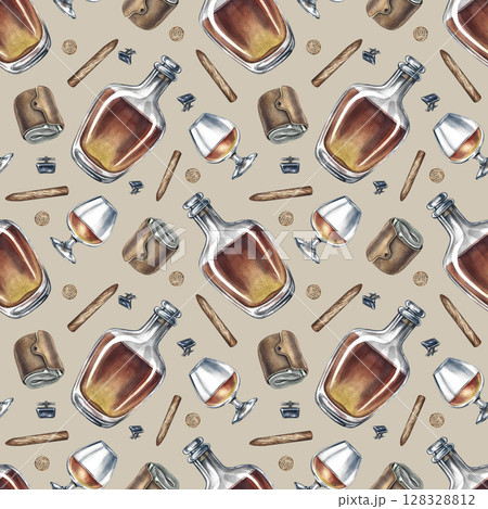 Seamless pattern on a men's theme, with cognac, wallets and cigars. Hand-drawn watercolor illustration. Great for textiles, wrapping paper and packaging, for decor of bars and pubs and much more. 128328812