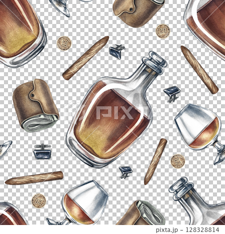 Seamless pattern on a men's theme, with cognac, wallets and cigars. Hand-drawn watercolor illustration. Great for textiles, wrapping paper and packaging, for decor of bars and pubs and much more. 128328814