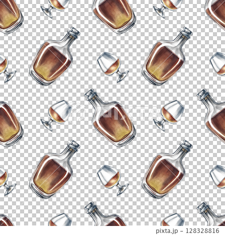 Seamless pattern with cognac, bottles, and wine glasses. Hand-drawn watercolor illustration. Suitable for bar and pub decor. For textiles, wallpapers. For wrapping paper and packaging, and more. Seamless pattern with cognac, bottles, and wine glasses. Hand-drawn watercolor illustration. Suitable for bar and pub decor. For textiles, wallpapers. For wrapping paper and packaging, and more. 128328816