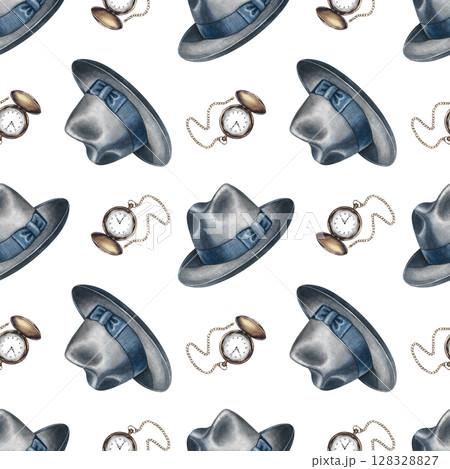 Seamless pattern featuring men's hats and vintage pocket watches. Hand-drawn watercolor illustration. For textiles, packaging and labels, wallpaper, wrapping paper, decor, and murals Seamless pattern featuring men's hats and vintage pocket watches. Hand-drawn watercolor illustration. For textiles, packaging and labels, wallpaper, wrapping paper, decor, and murals 128328827