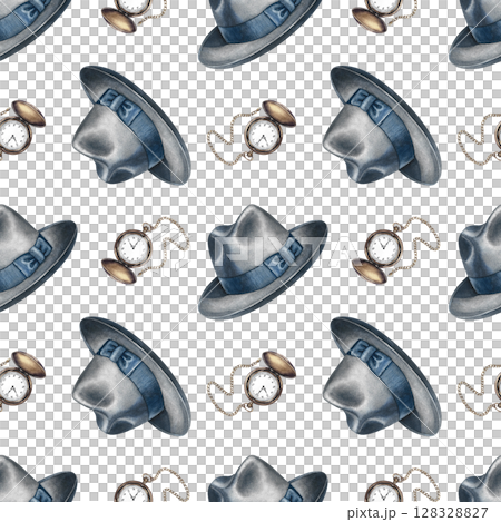 Seamless pattern featuring men's hats and vintage pocket watches. Hand-drawn watercolor illustration. For textiles, packaging and labels, wallpaper, wrapping paper, decor, and murals Seamless pattern featuring men's hats and vintage pocket watches. Hand-drawn watercolor illustration. For textiles, packaging and labels, wallpaper, wrapping paper, decor, and murals 128328827