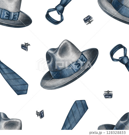 Seamless pattern with men's accessories, hats, ties, and cufflinks. Hand-drawn watercolor illustration. For textiles, packaging and labels, wallpaper, wrapping paper, decor, and more. 128328833