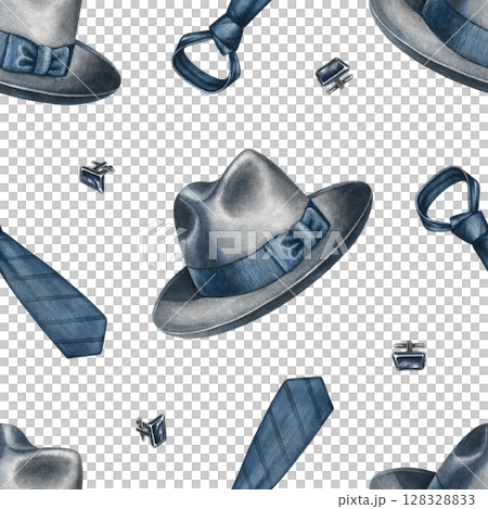 Seamless pattern with men's accessories, hats, ties, and cufflinks. Hand-drawn watercolor illustration. For textiles, packaging and labels, wallpaper, wrapping paper, decor, and more. 128328833
