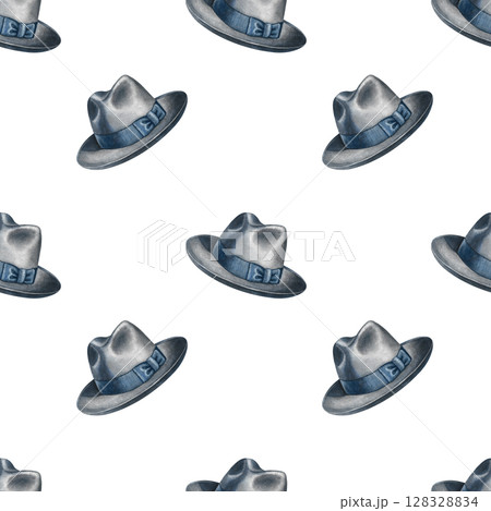 Seamless pattern with men's hats. Handmade watercolor illustration. For textiles, packaging and labels, wallpaper, wrapping paper, decor, and more. 128328834