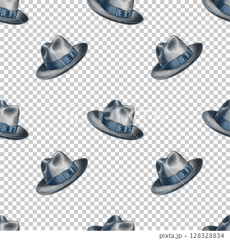 Seamless pattern with men's hats. Handmade watercolor illustration. For textiles, packaging and labels, wallpaper, wrapping paper, decor, and more. 128328834