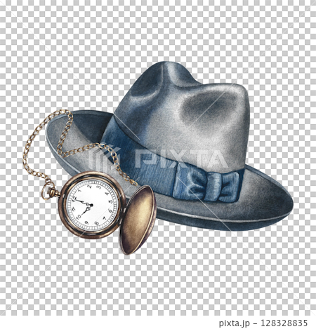 Men's gray hat and vintage pocket watch. Hand-drawn watercolor illustration. Colorful image of a men's accessory. Perfect for banners, flyers, packaging, labels, invitations, and more. 128328835