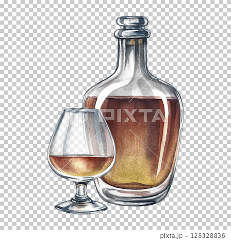 A bottle and a glass of cognac. Handmade watercolor illustration. A color image of an alcoholic beverage. Separate from the background. Perfect for menus, banners, flyers, packages, label, invitation. 128328836
