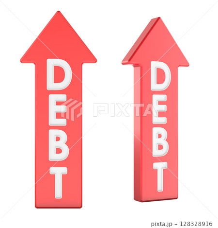 DEBT red arrow up. Front and side views. 3D rendering 128328916