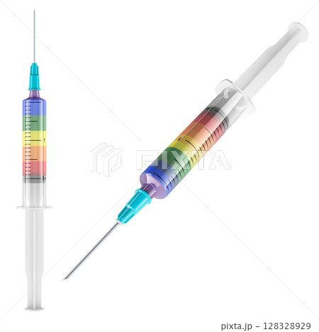 Syringe with rainbow LGBT liquid. 3D rendering Syringe with rainbow LGBT liquid. 3D rendering 128328929