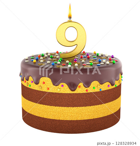 Birthday cake with 9 candle, cake with chocolate icing and colorful sprinkles. 3D rendering 128328934