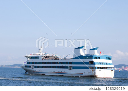 Majestic Passenger Ferry Navigating the Clear Blue Waters Under a Bright Sky Surrounded by Flying Birds and Scenic Landscape Majestic Passenger Ferry Navigating the Clear Blue Waters Under a Bright Sky Surrounded by Flying Birds and Scenic Landscape 128329019