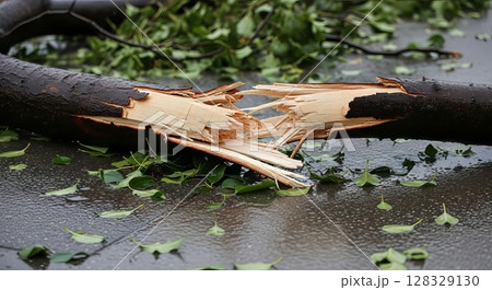 Broken Tree Branch After Storm Damage Scattered Green Leaves on Wet Surface 128329130