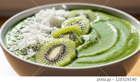 Green Smoothie Bowl with Fresh Kiwi Slices and Coconut Topping on Ceramic Plate Green Smoothie Bowl with Fresh Kiwi Slices and Coconut Topping on Ceramic Plate 128329140